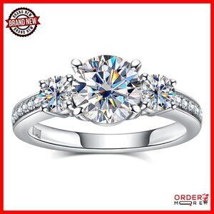Moissanite Engagement Ring 2.18cttw Sterling Silver 3-Stone Wedding Band
